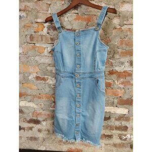 Wax Jean Overalls Mini Dress Womens Sz L Light Wash Stretch Denim Raw Hem E